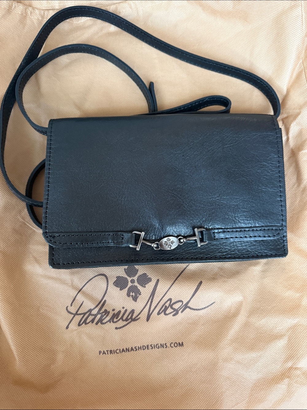 Patricia Nash Black Leather Crossbody with Silver Accent